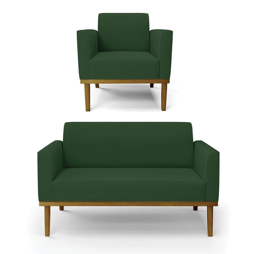 Sofá Namoradeira Com Poltrona Base De Madeira Fixa Castanho Marisa Veludo D03 - D?rossi Cor Verde