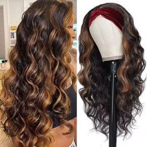 Peruca com faixa de cabeça YUPEWG Glueless Highlight Brown/Black Wavy
