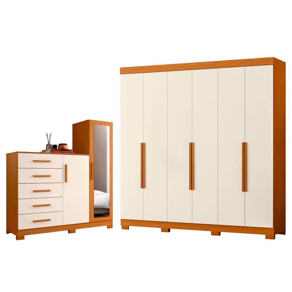 Quarto Completo Guarda Roupa 6 Portas Vinci e Cômoda Sapateira New Master