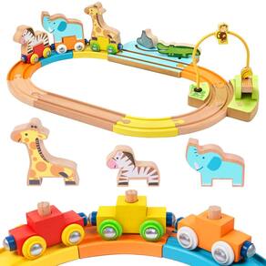 Conjunto de trem Giravo Animal de madeira com trem magnético de 18 m ou mais