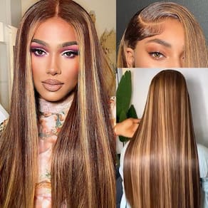 Peruca frontal de renda FLOLIFE Ombre Straight Human Hair 60 cm 200% de densidade