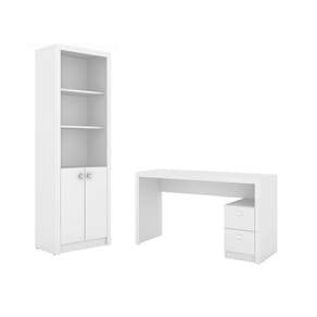 Escritório com Mesa para Computador 2 Gavetas Com Armário Pareteleira 2 Portas Branco - FdECOR
