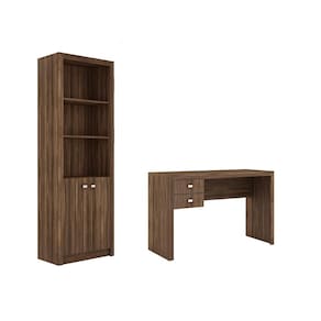 Escritório com Mesa para Computador 2 Gavetas Com Armário Pareteleira 2 Portas Nogal - FdECOR
