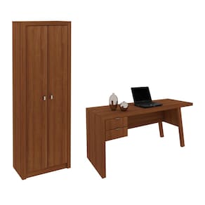 Escritório com Mesa para Computador 2 Gavetas Com Armário 2 Portas Amendoa - FdECOR