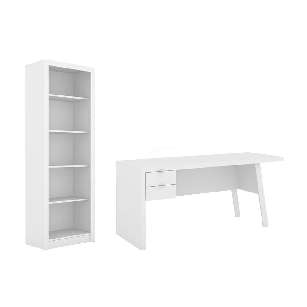Escritório com Mesa para Computador 2 Gavetas Com Armário Prateleiras Portas Branco - FdECOR