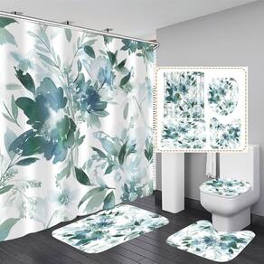 Conjunto de cortinas de chuveiro FZDHHY Green Leaves Flower com tapetes, 4 unidades