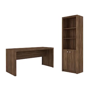 Escritório com Mesa para Computador Simples Gavetas e Armário c/ Prateleiras 2 portas Nogal - FdECOR