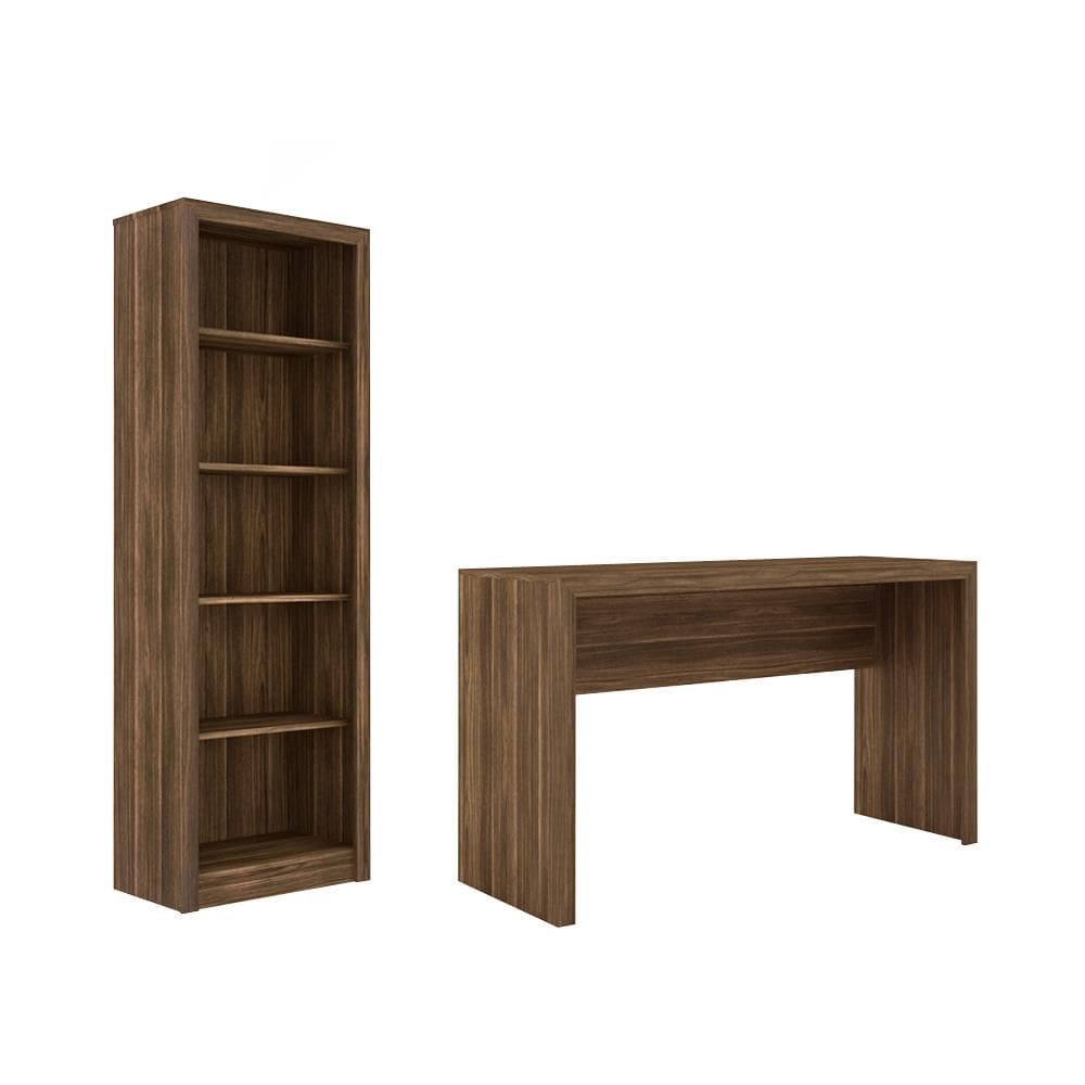 Escritório com Mesa para Computador Simples Gavetas Com Armário Prateleiras Portas Nogal - FdECOR