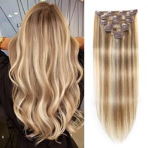 Clip in Hair Extensions Straight Remy Real Human Hair Extensions Clips ins Golden Blonde Highlights Light Blonde 20 polegadas 120g, 16p22