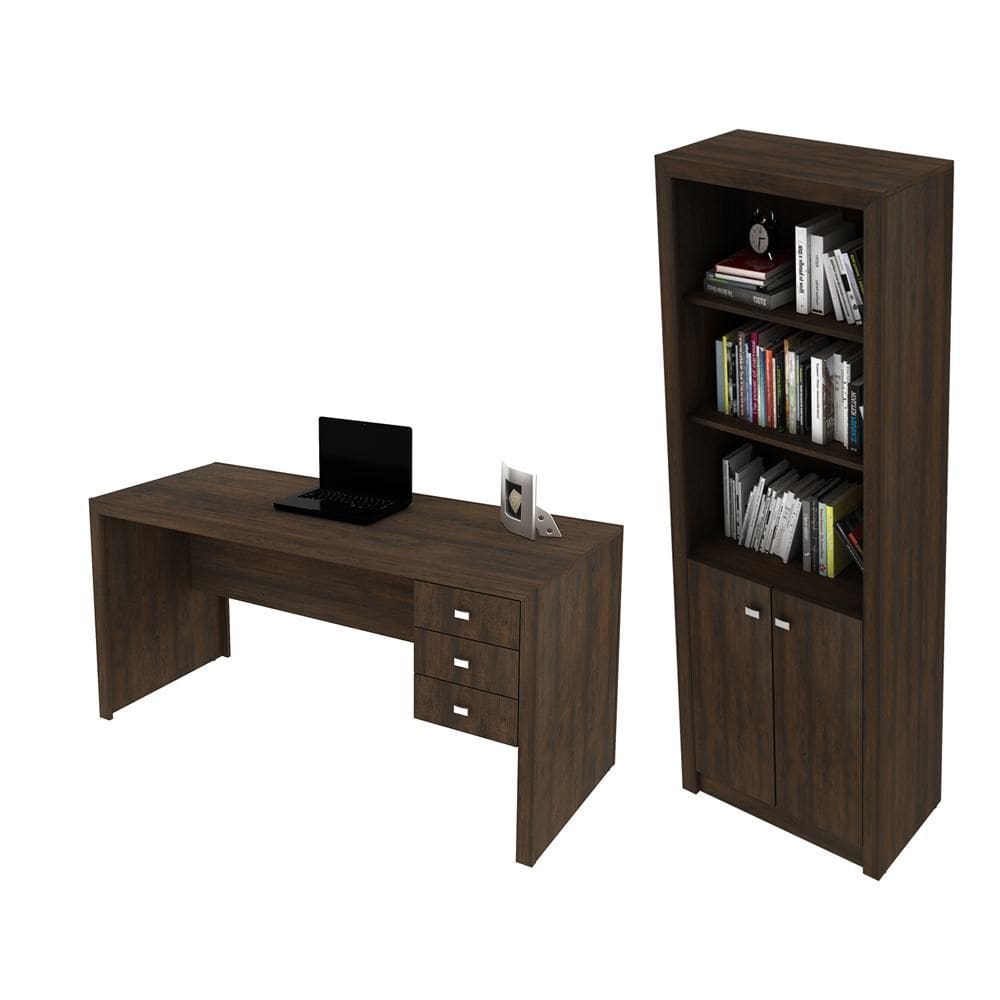 Escritório com Mesa para Computador e Armário c/ Prateleiras 2 portas Rústico - FdECOR