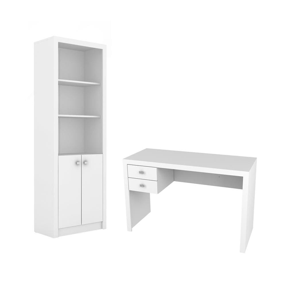 Escritório com Mesa para Computador 2 Gavetas Com Armário Pareteleira 2 Portas Branco - FdECOR
