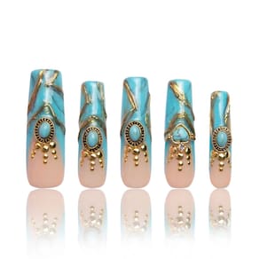 Pressione as unhas LOVFUL, azul turquesa, ponta francesa com cristais