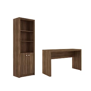 Escritório com Mesa para Computador Simples Gavetas Com Armário Pareteleira 2 Portas Nogal - FdECOR