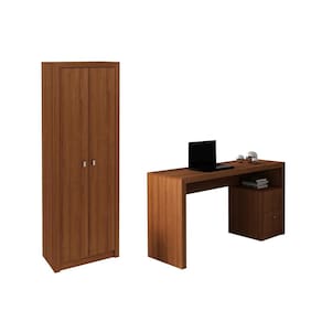 Escritório com Mesa para Computador 2 Gavetas Com Armário 2 Portas Amendoa - FdECOR