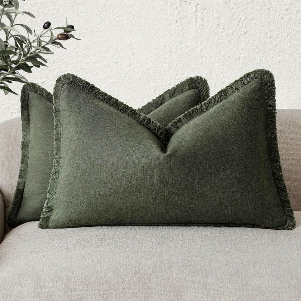 Capas de almofada Findtower Linen Fringe Verde oliva escuro