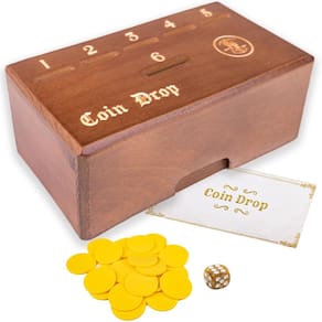 Caixa de madeira do jogo Coin Drop Game com 50 moedas, 1 dado para 2-6 jogadores