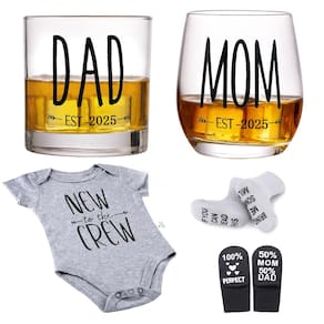 Conjunto de presente, copo de uísque de 325 ml, Mom Dad Est 2025, com macacão