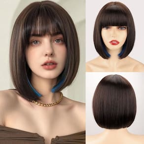 Peruca WERD Short Bob Brown, cabelo sintético com mechas azuis