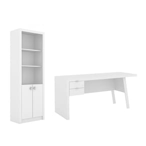 Escritório com Mesa para Computador 2 Gavetas Com Armário Pareteleira 2 Portas Branco - FdECOR
