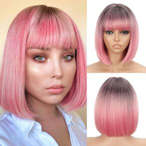 Peruca WERD Short Pink Bob com franja sintética para mulheres