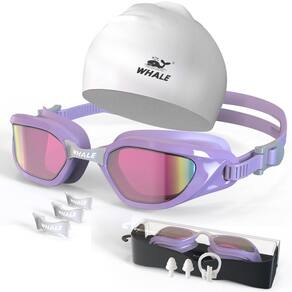 Conjunto de óculos de natação Whale Adult Anti-Fog UV com boné violeta