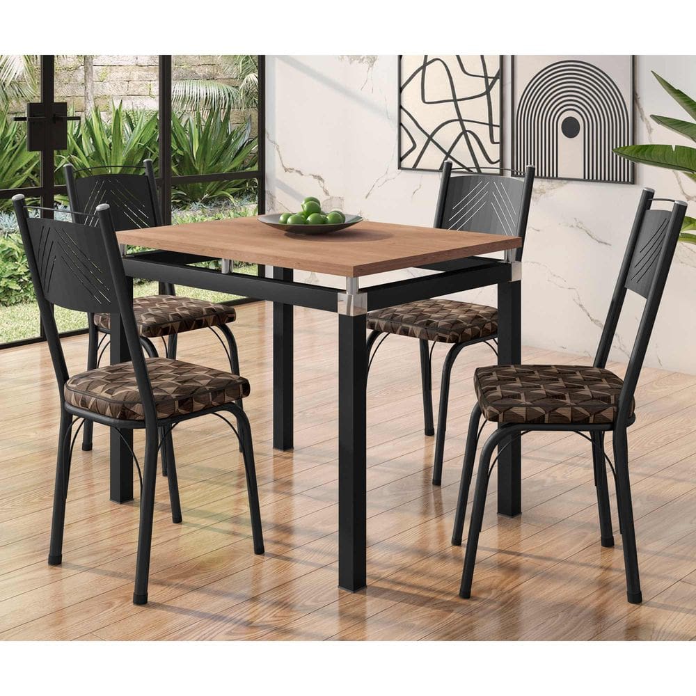 Conjunto Mesa de Jantar Tubular com 4 Cadeiras Malva Tampo BP 91x68cm 151 Preto Fosco Assento Mosaico Palha - Combo Stock