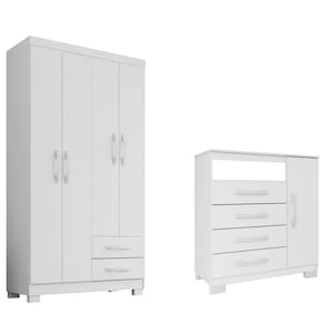 Guarda Roupa Infantil 4 Portas Branco Flex Com Cômoda Sapateira 1 Porta 4 Gavetas Modena - Combo Stock
