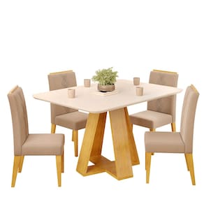 Conjunto Sala de Jantar 4 Cadeiras Tampo Chanfrado Retangular 120cm com Vidro Kiara Cedro Off White Yasmin Veludo Kraft - DJ Móveis
