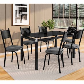 Conjunto Mesa de Jantar com 6 Cadeiras 151 Malva Tampo Vidro 140cm SF Preto Assento Platina - Combo Stock