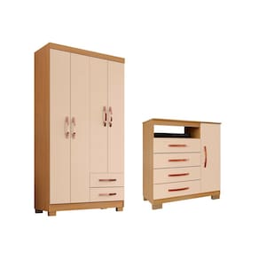 Guarda Roupa Solteiro 4 Portas 2 Gavetas Modena com Cômoda Sapateira 4 Gavetas 1 Porta Carvalho Off White - Combo Stock
