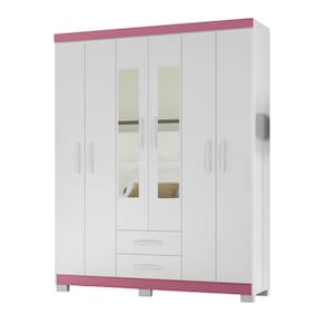 Guarda Roupa 6 Portas 2 Gavetas Com Espelho Modena Branco Tx Flex Detalhe Rosa - Combo Stock