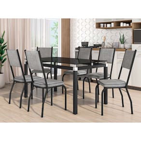 Conjunto Mesa de Jantar com 6 Cadeiras 258 Malva Tampo Vidro 140cm SF Preto Assento Grafiato - Combo Stock