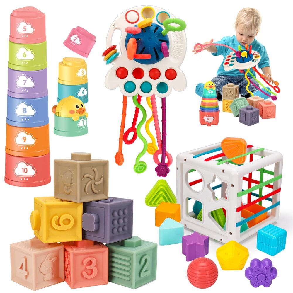 Copos empilháveis Qirptey Montessori Pull String para bebês