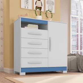 Cômoda Sapateira 1 Porta 4 Gavetas Modena Branco Tx Flex Detalhe Azul - Combo Stock