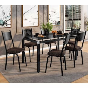 Conjunto Mesa de Jantar Tubular com 6 Cadeiras 151 Malva Tampo Vidro 140cm SF Preto Assento Tecelão Cacau - Combo Stock