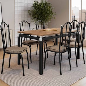 Conjunto Mesa de Jantar com 6 Cadeiras 121 Malva Tampo BP 136cm Nature SF Preto Assento Rattan - Combo Stock