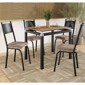 Conjunto Mesa de Jantar Tubular com 4 Cadeiras Malva Tampo BP 91x68cm 151 Preto Fosco Assento Rattan - Combo Stock