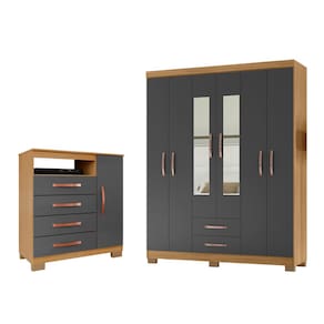 Kit Guarda Roupa Casal Modena 6 Portas 2 Gavetas com Espelho e Cômoda Sapateira 1 Porta 4 Gavetas Carvalho Grafite - Combo Stock