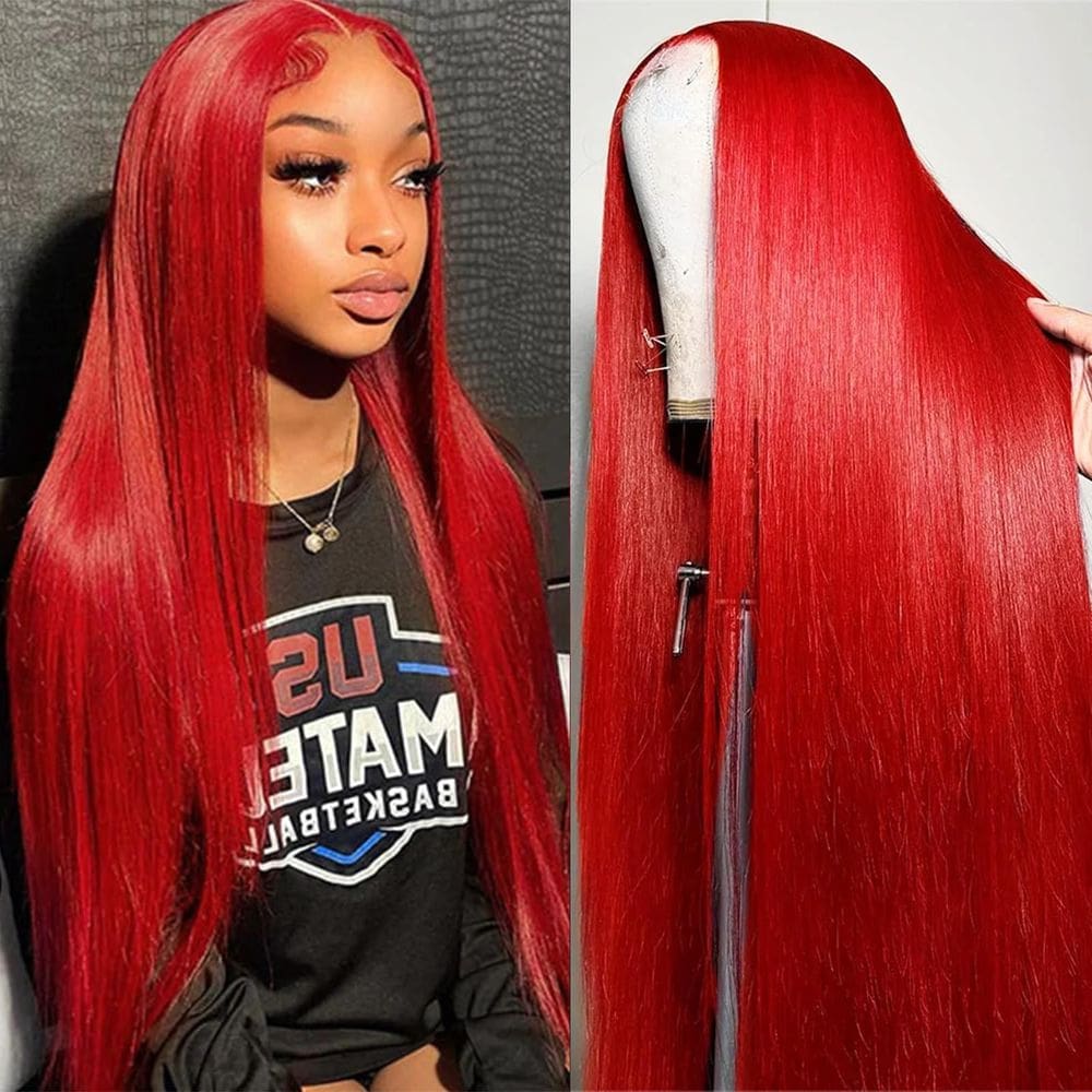 Peruca frontal de renda FJSurprise Red Straight Human Hair 50cm