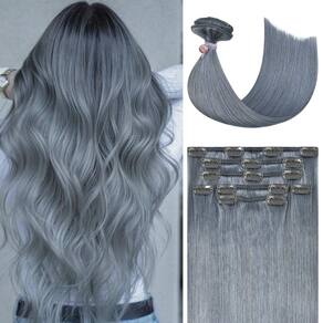 Extensões de cabelo Honsoo Clip Ins Grey Real Human Hair 15 polegadas