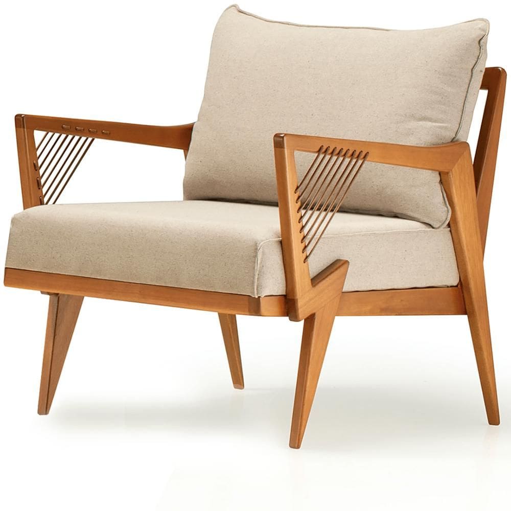 Poltrona com braços Alva Ozki Madeira Eucalipto Cedro Tecido Bege Corda Couro Reconstituído