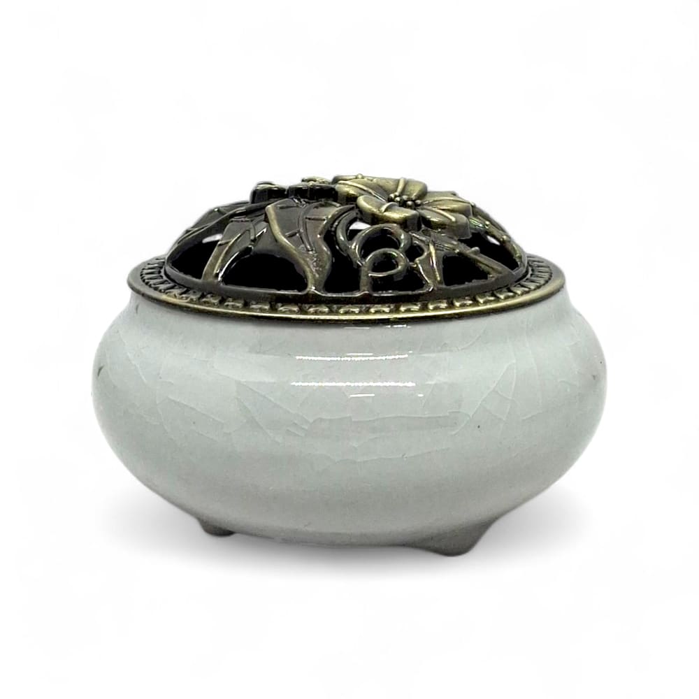 Turíbulo Incensário de Mesa em Cerâmica Branco Detalhado 8cm