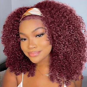 Peruca com faixa de cabeça XSY 99J Burgundy Kinky Curly 30 cm 150% de densidade