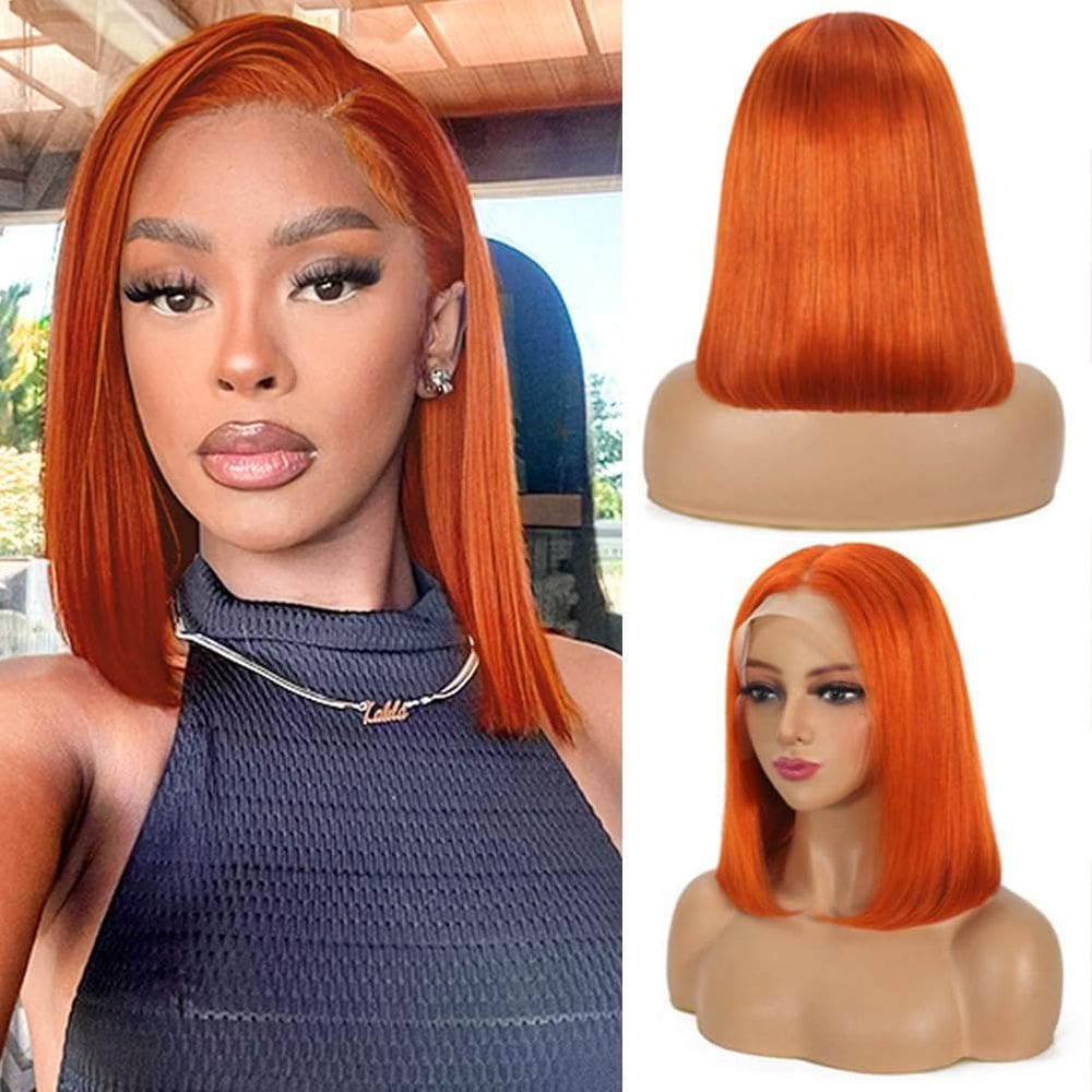 Peruca FJSuprise Ginger Orange Bob Human Hair 35 cm com renda 13x4