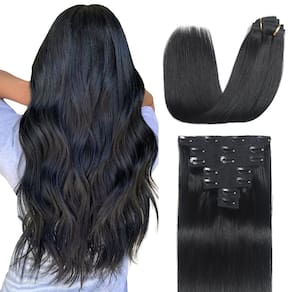 Extensões de cabelo Sisily Clip em cabelo humano real 35 cm 120 g preto azeviche