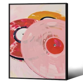 Arte de parede em tela, disco de vinil retrô, rosa, 28x36 cm, moldura preta