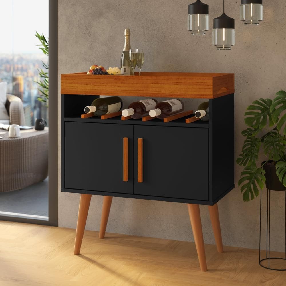 Aparador Café Drink Com Portas Pés Em Madeira Pinus Preto/Caramelo