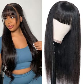 Peruca de cabelo humano brilhando em linha reta com franja de 40 cm e 150% de densidade