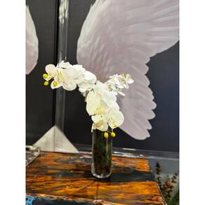 Arranjo decorativo orquideas branca e vaso transparente cilindrico vidro