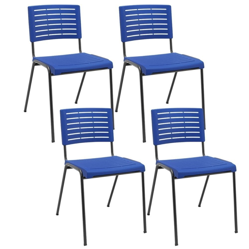 Kit 04 Cadeiras Empilhável Fixa Escritório Multiuso Base Preta Kimi P03 Azul - Lyam Decor